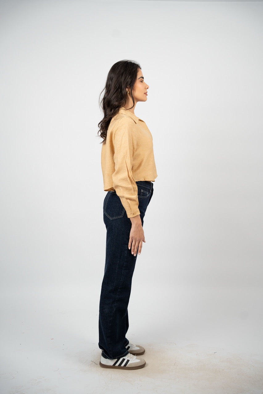 CROPPED BUTTON-DOWN SATIN BLOUSE