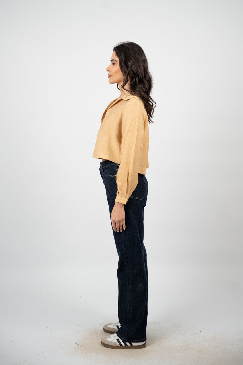 CROPPED BUTTON-DOWN SATIN BLOUSE