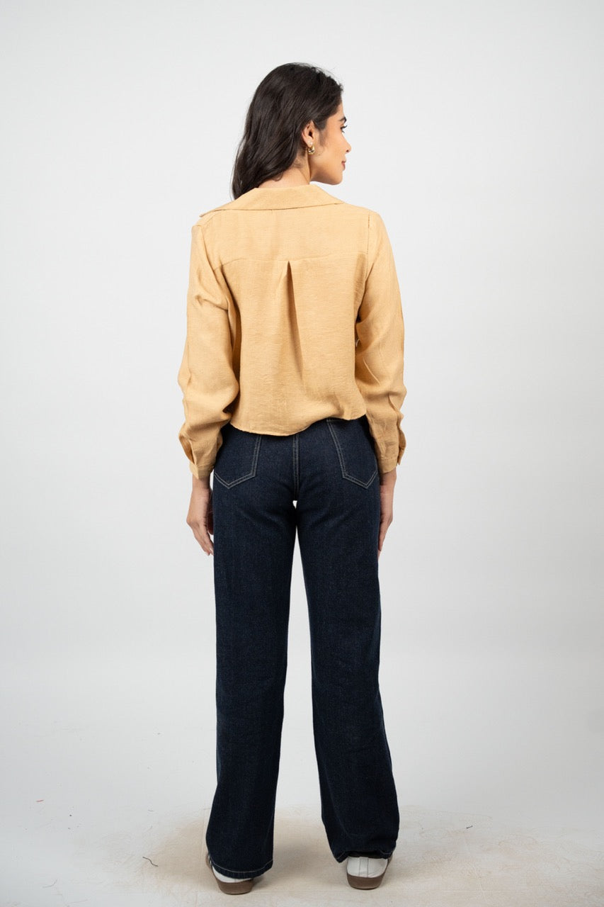 CROPPED BUTTON-DOWN SATIN BLOUSE