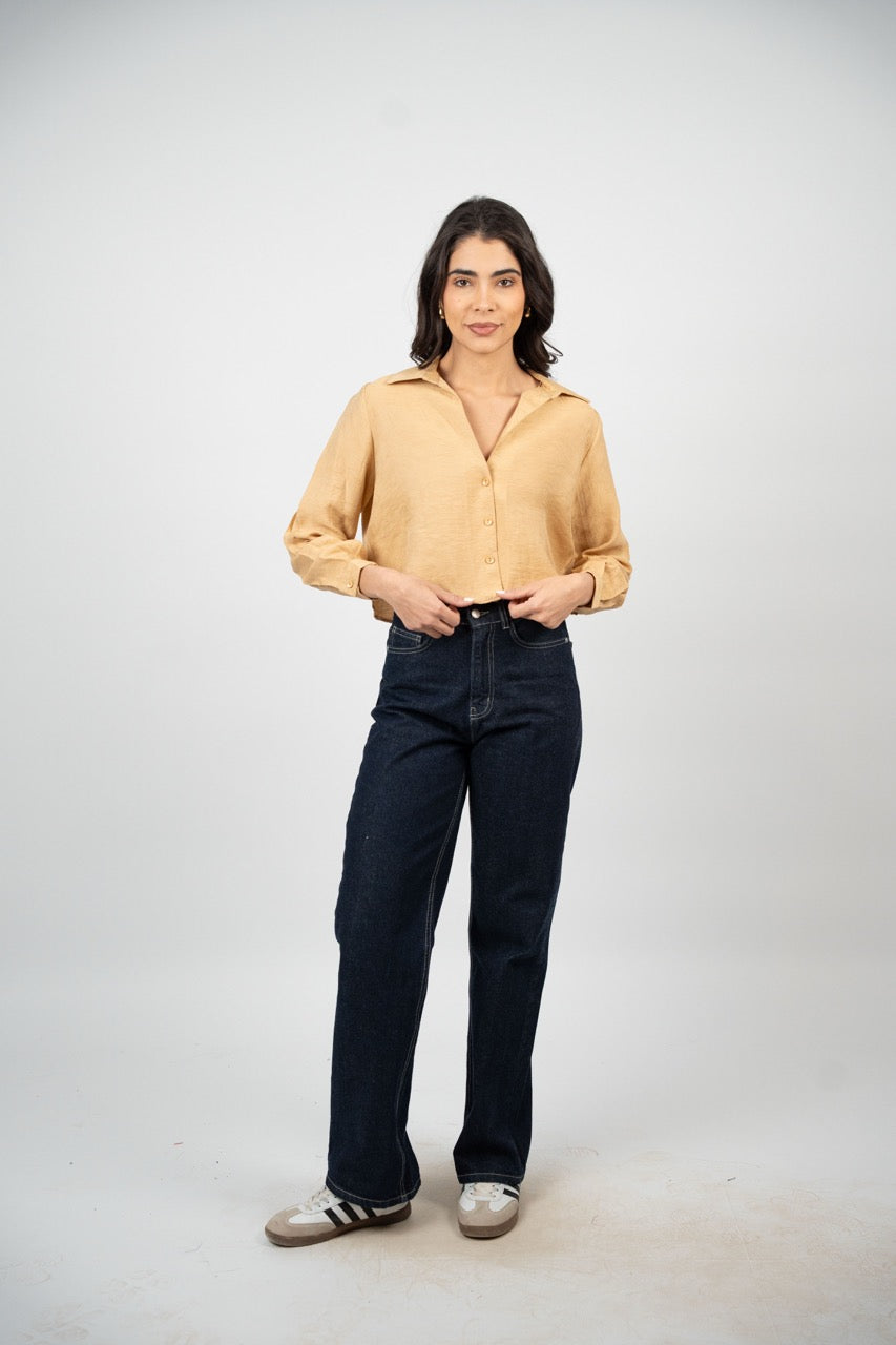 CROPPED BUTTON-DOWN SATIN BLOUSE