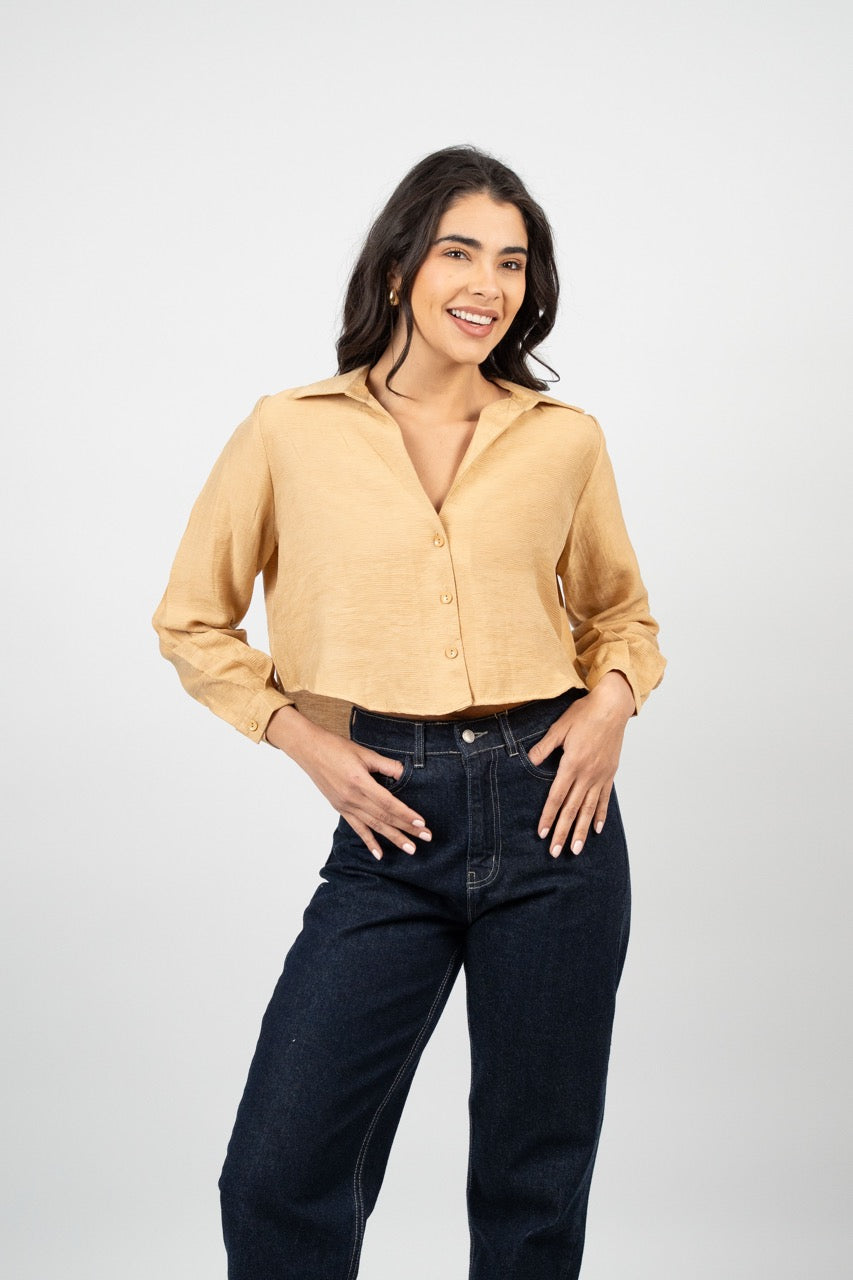 CROPPED BUTTON-DOWN SATIN BLOUSE