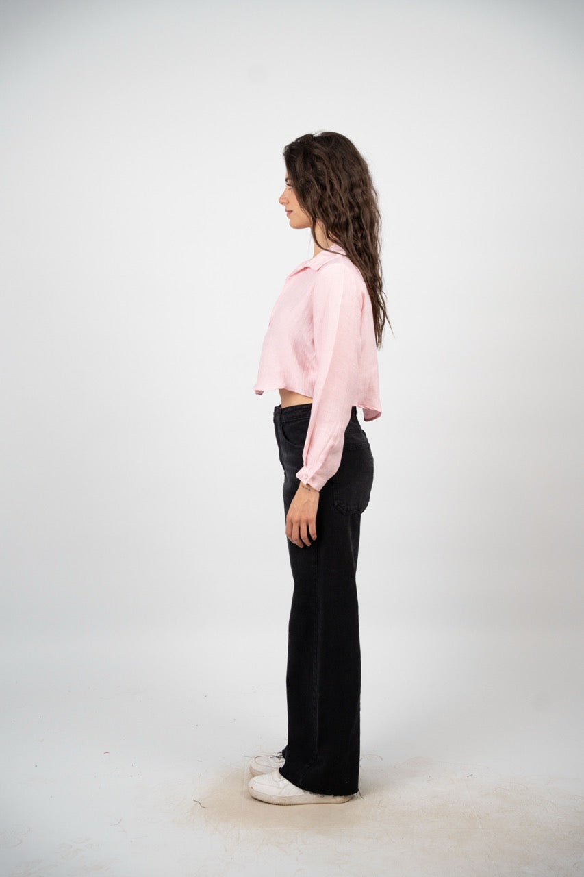 CROPPED BUTTON-DOWN SATIN BLOUSE