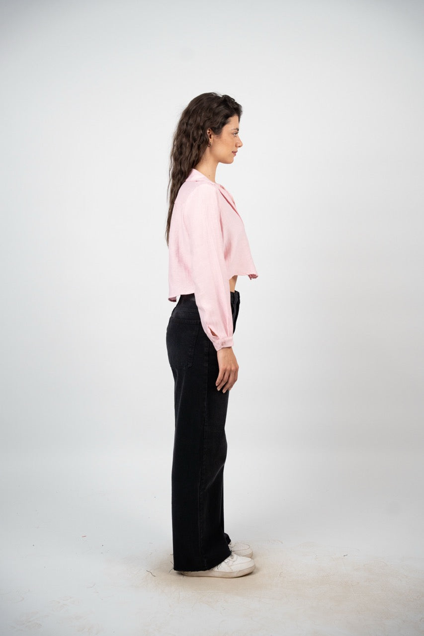 CROPPED BUTTON-DOWN SATIN BLOUSE
