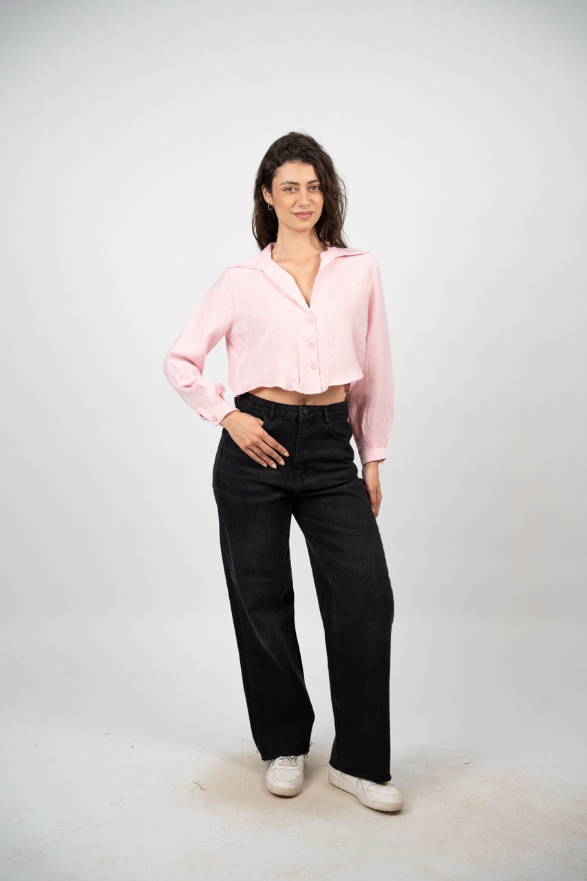 CROPPED BUTTON-DOWN SATIN BLOUSE