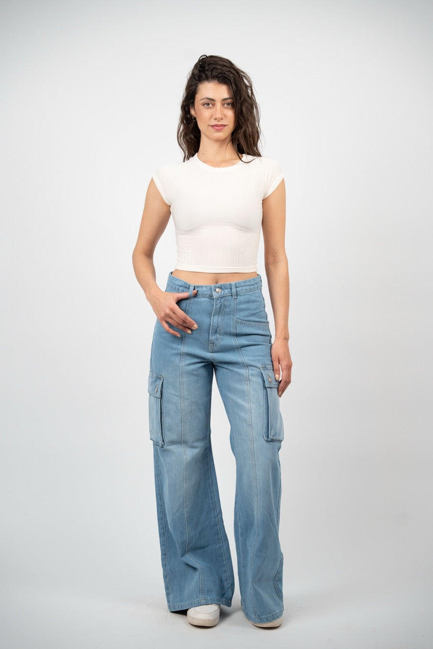 WIDE LEG CARGO DENIM – LIGHT WASH