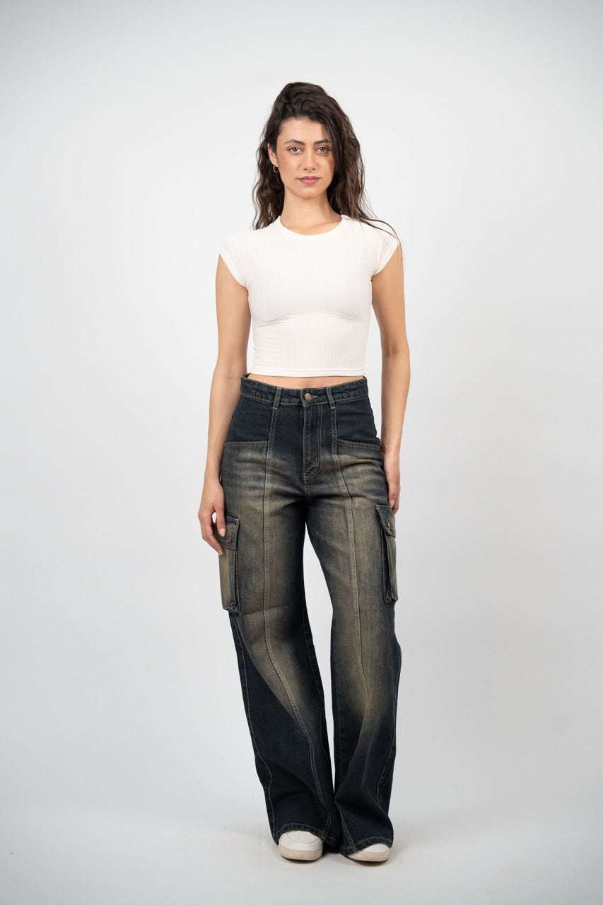 WIDE LEG CARGO DENIM – VINTAGE DARK WASH