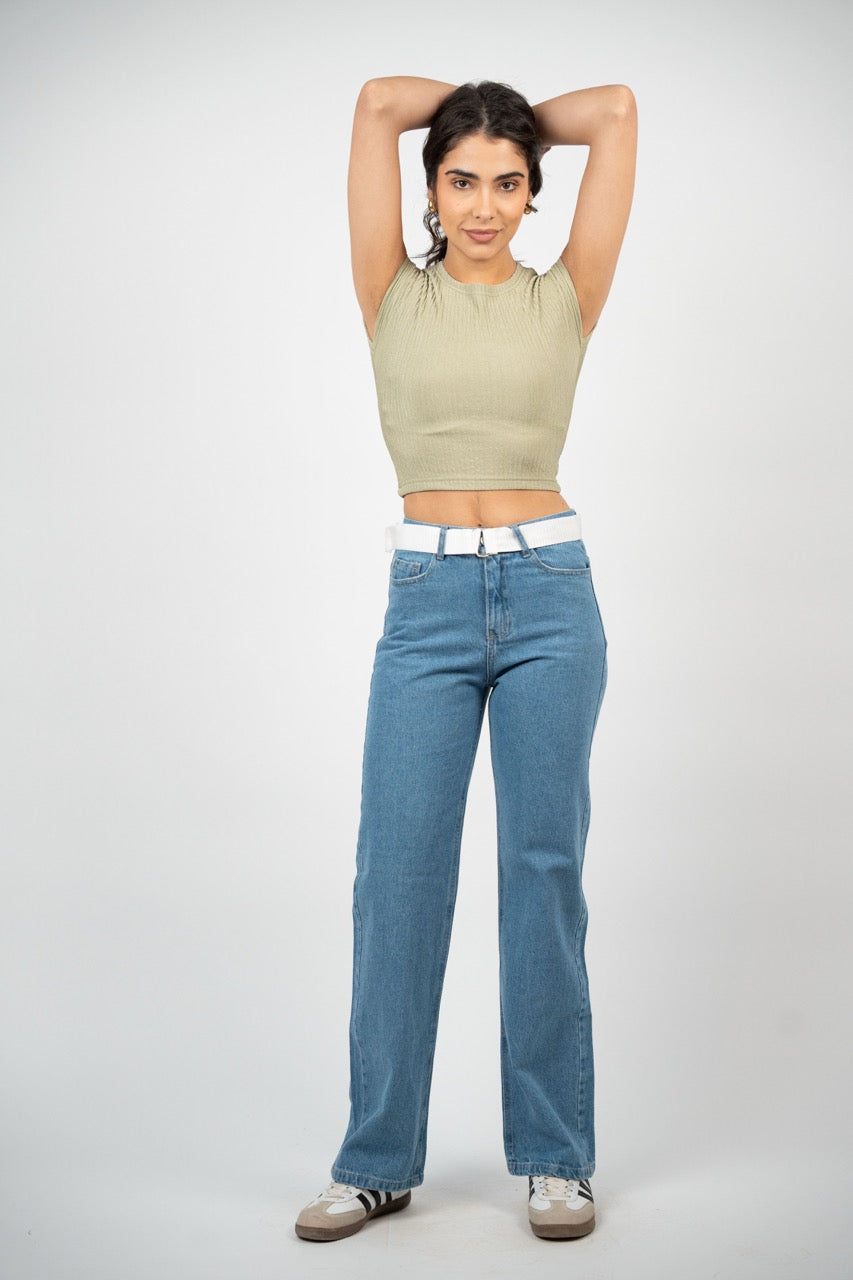BELTED WIDE LEG DENIM – MID WASH