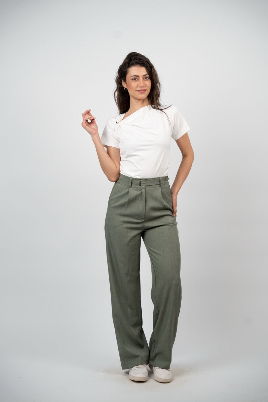 BUCKLE WAIST WIDE LEG TROUSER