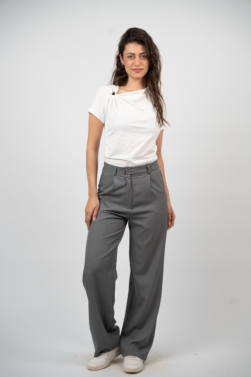 BUCKLE WAIST WIDE LEG TROUSER