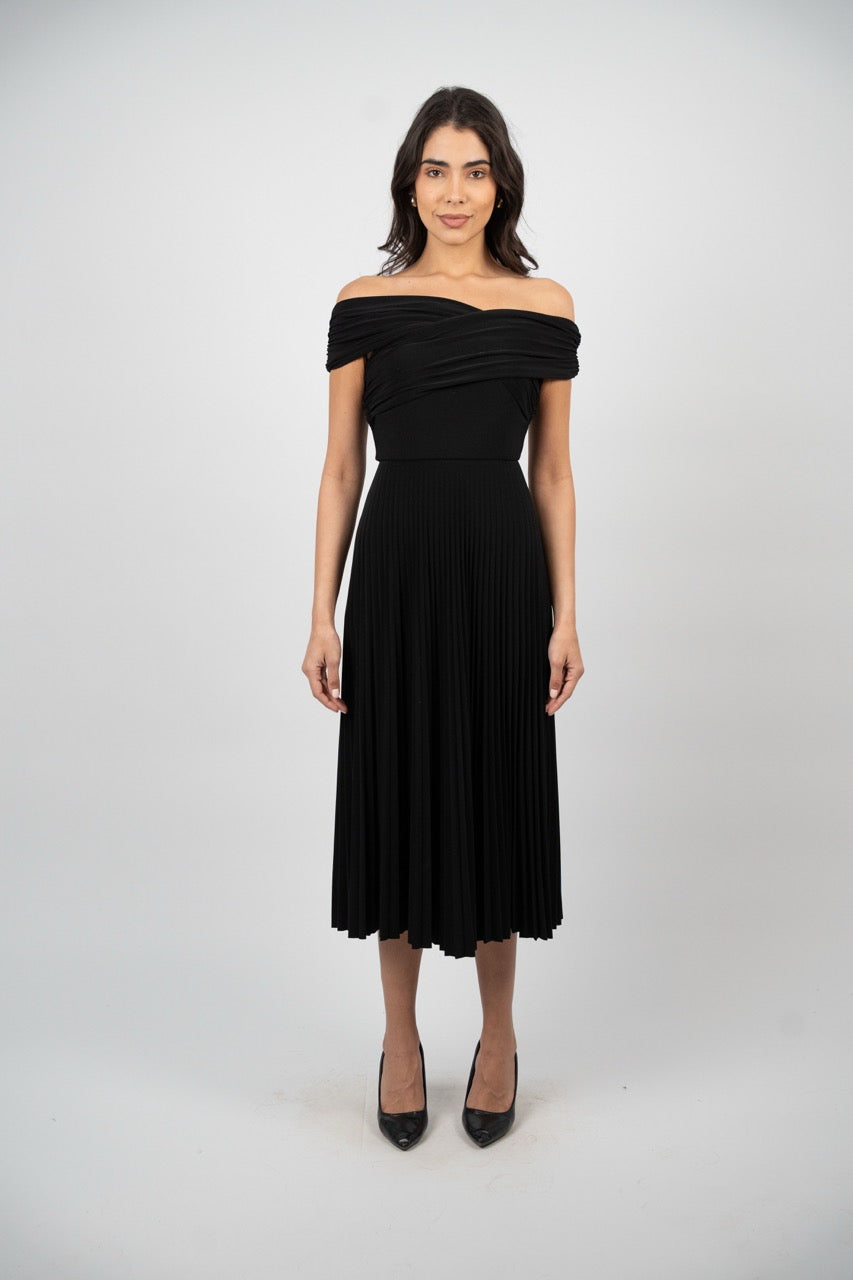 OFF SHOULDER PLEATED MIDI DRESS