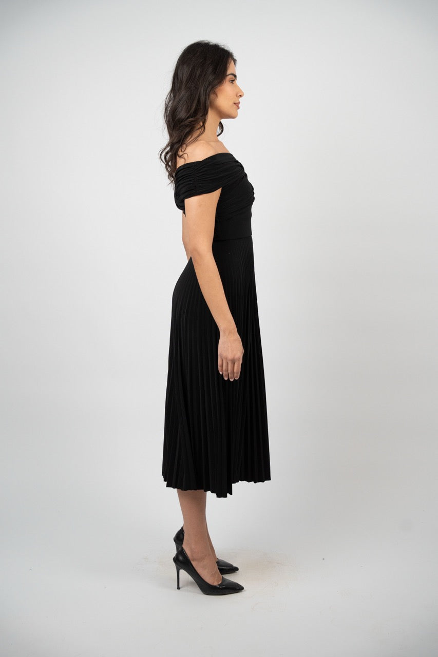OFF SHOULDER PLEATED MIDI DRESS