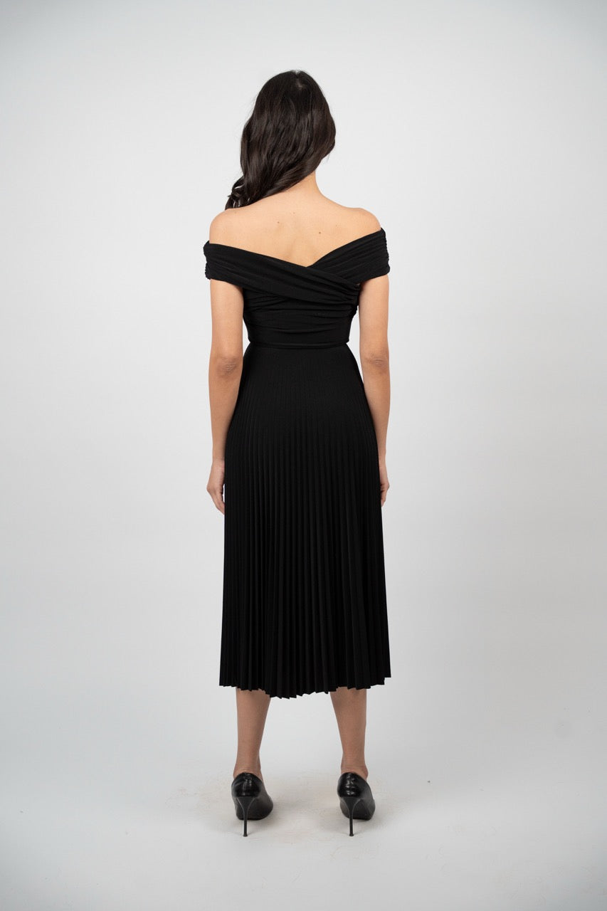OFF SHOULDER PLEATED MIDI DRESS