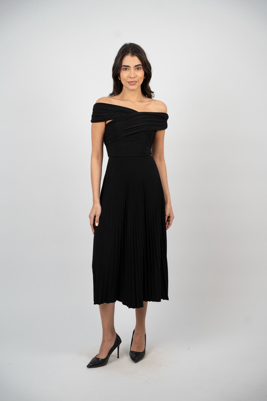 OFF SHOULDER PLEATED MIDI DRESS