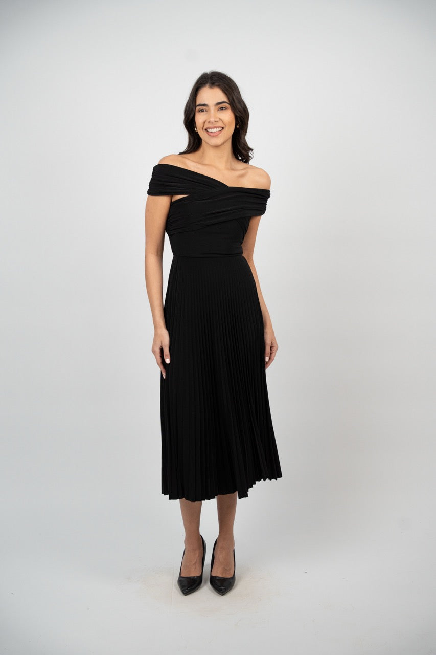 OFF SHOULDER PLEATED MIDI DRESS