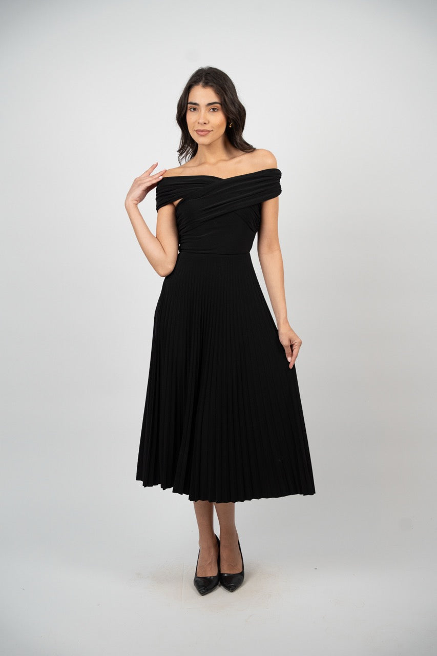 OFF SHOULDER PLEATED MIDI DRESS