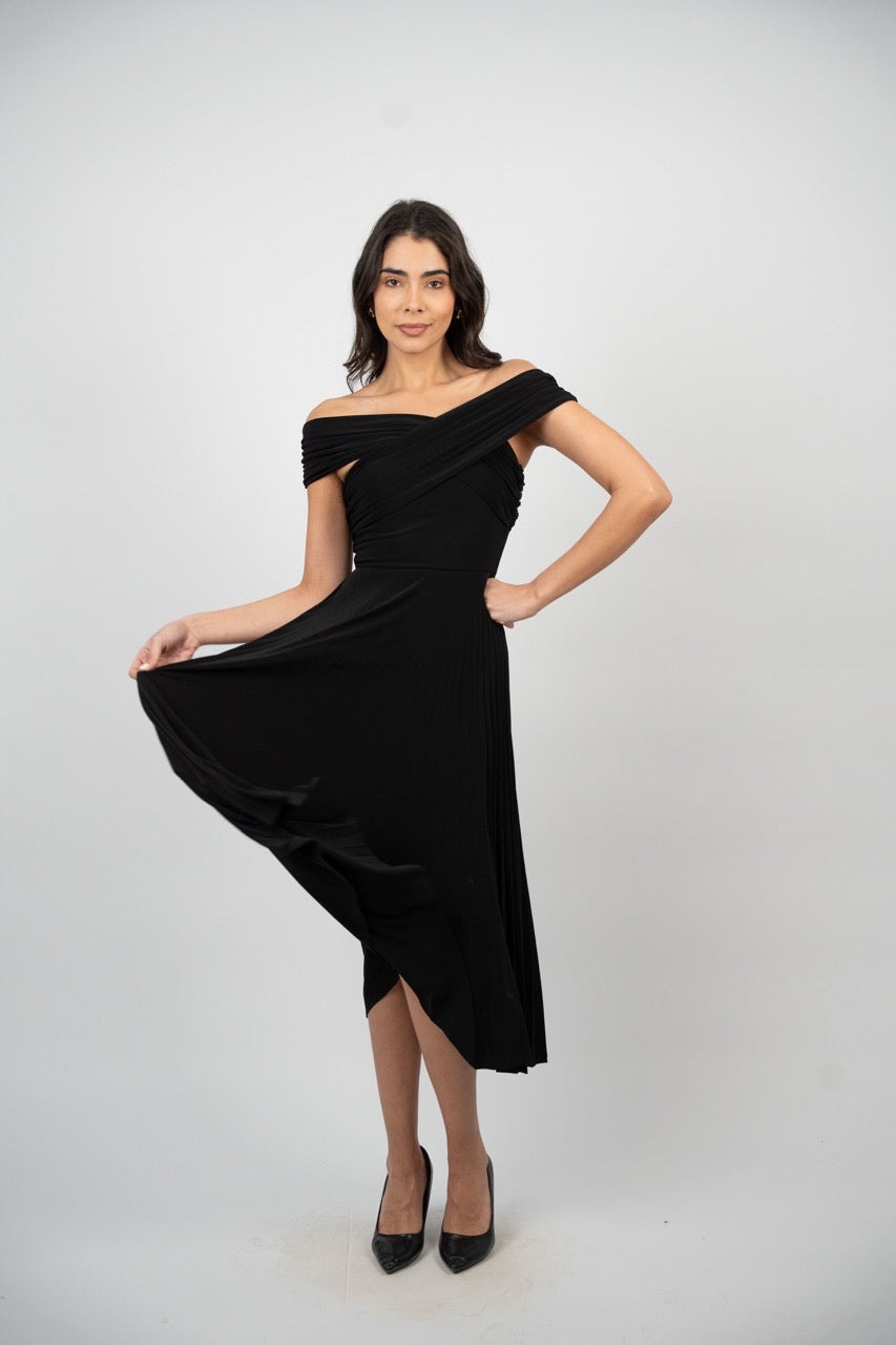 OFF SHOULDER PLEATED MIDI DRESS