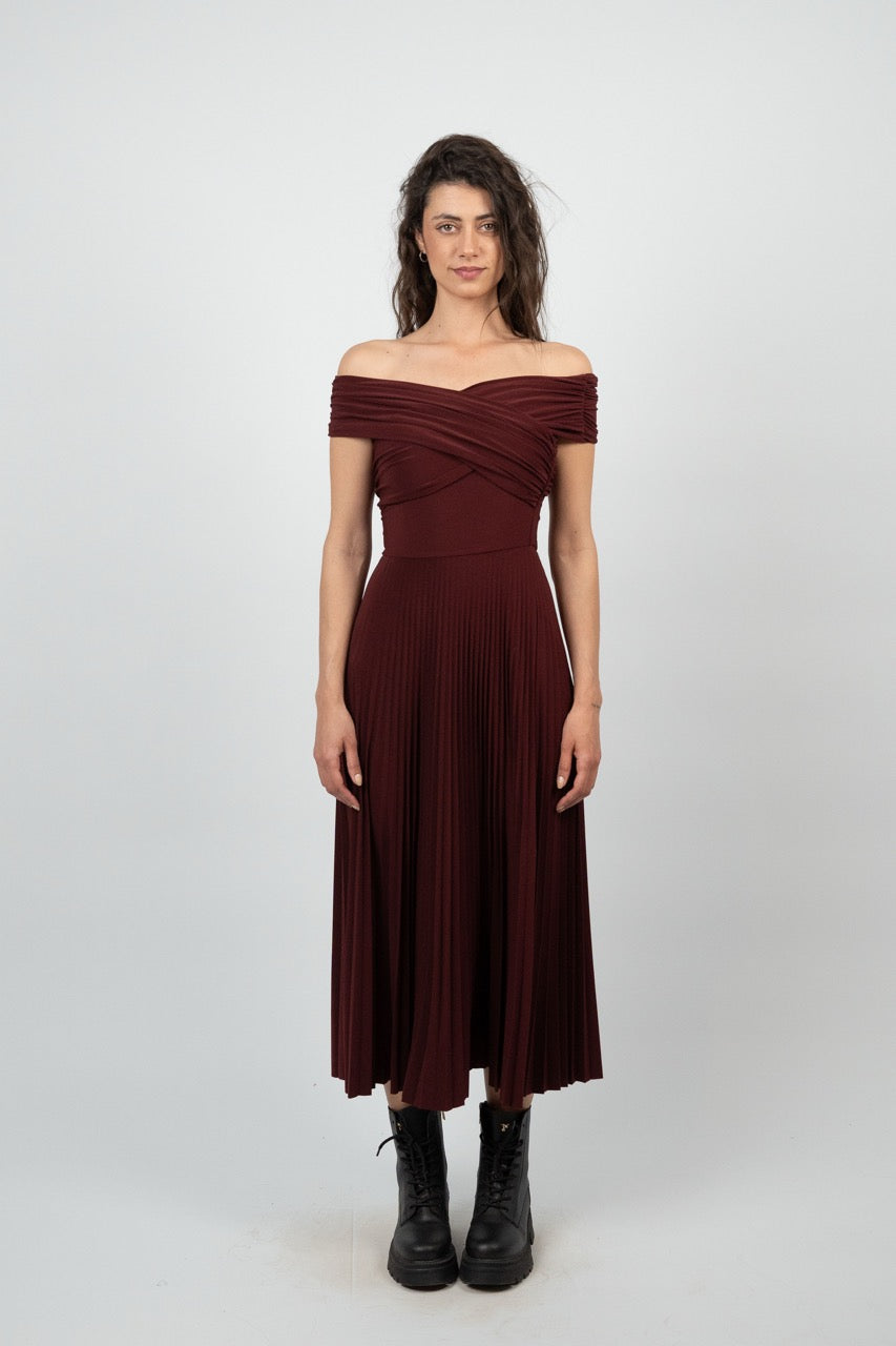 OFF SHOULDER PLEATED MIDI DRESS