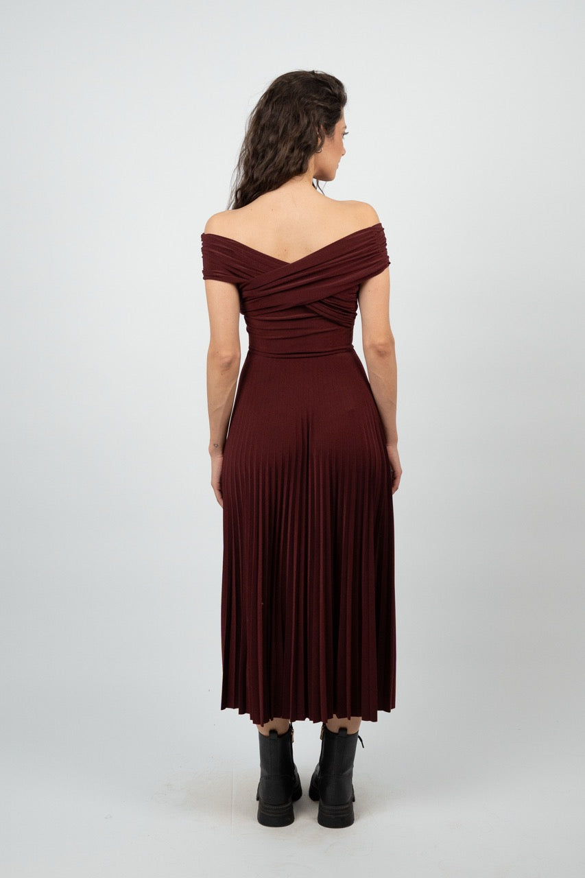 OFF SHOULDER PLEATED MIDI DRESS