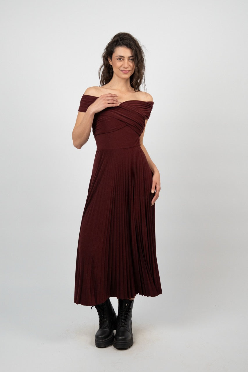 OFF SHOULDER PLEATED MIDI DRESS