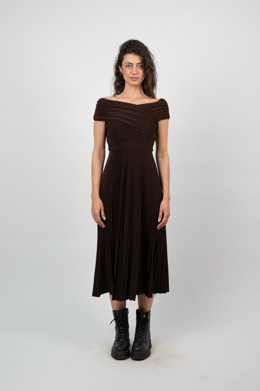 OFF SHOULDER PLEATED MIDI DRESS