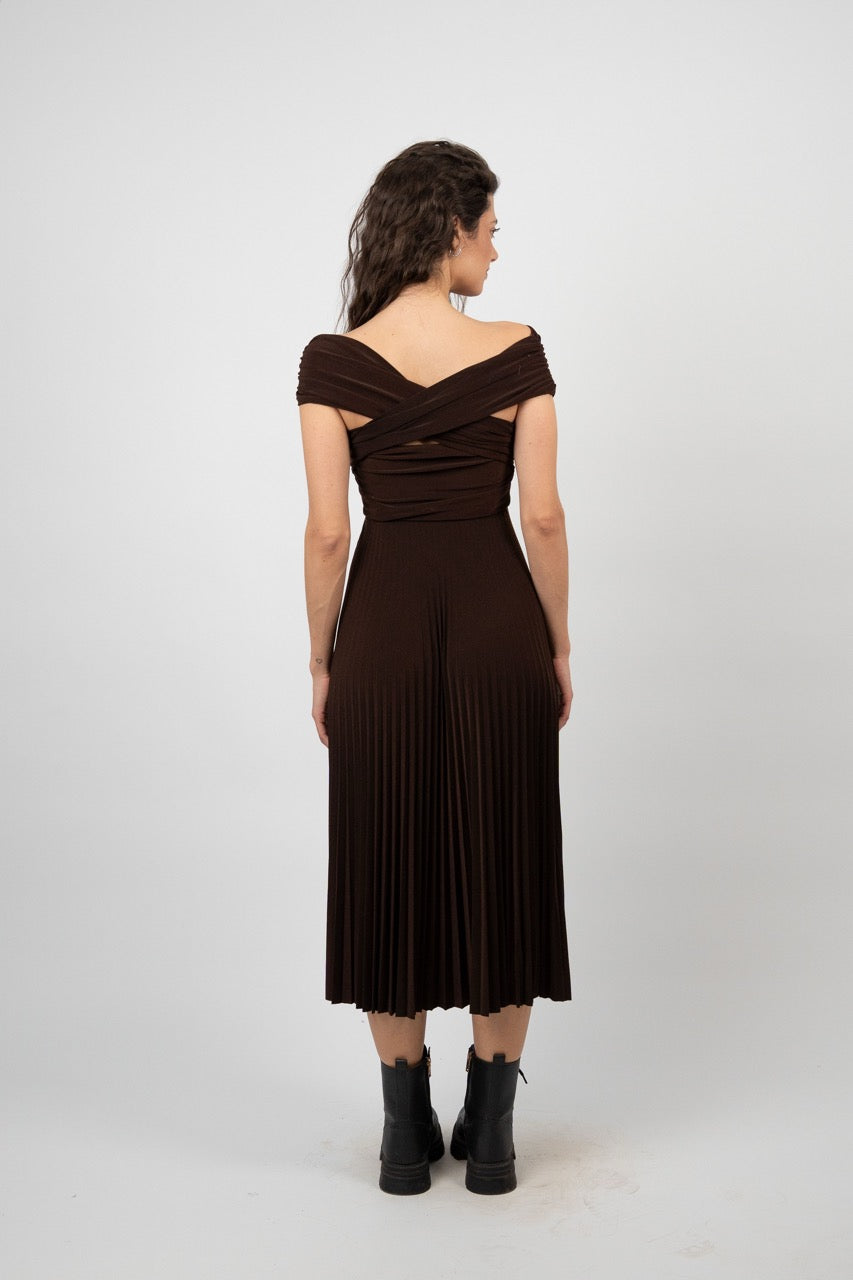 OFF SHOULDER PLEATED MIDI DRESS
