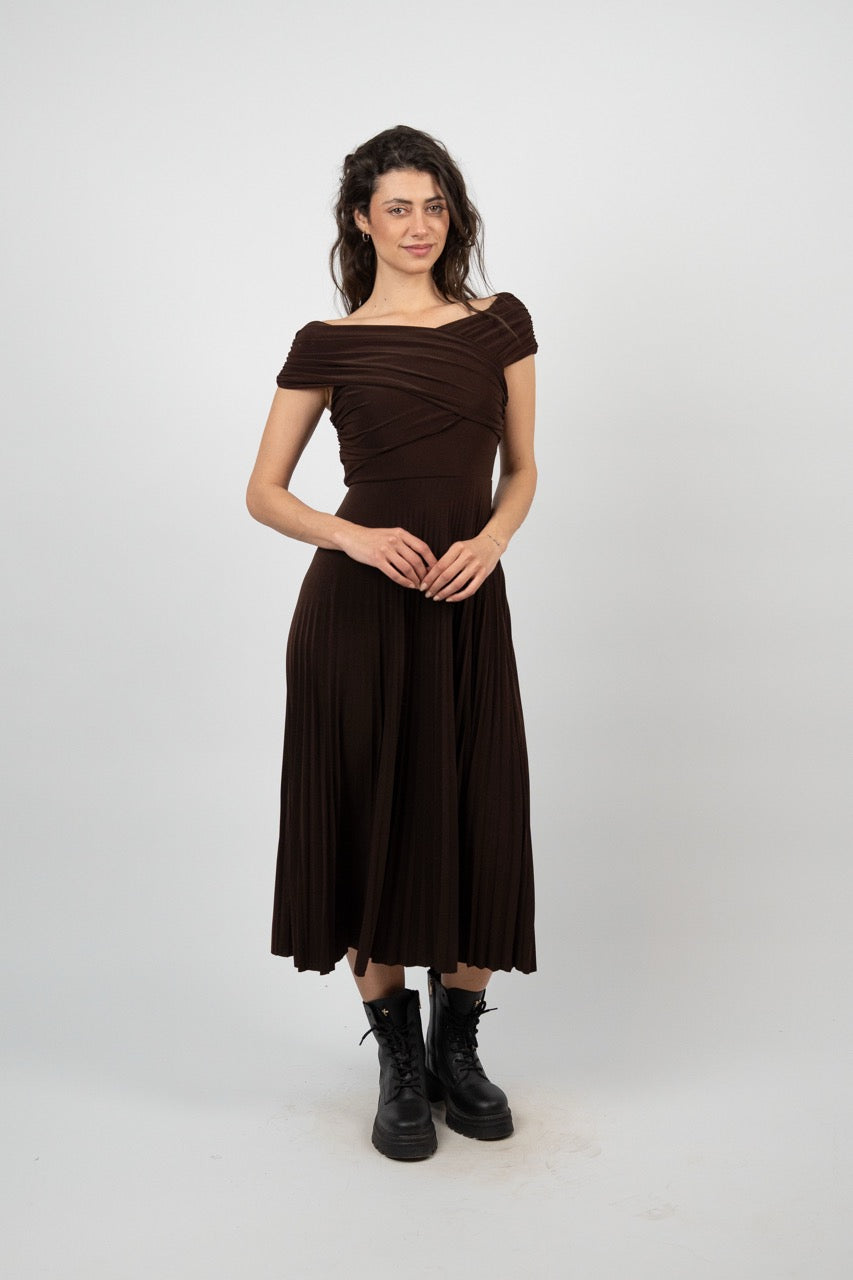 OFF SHOULDER PLEATED MIDI DRESS