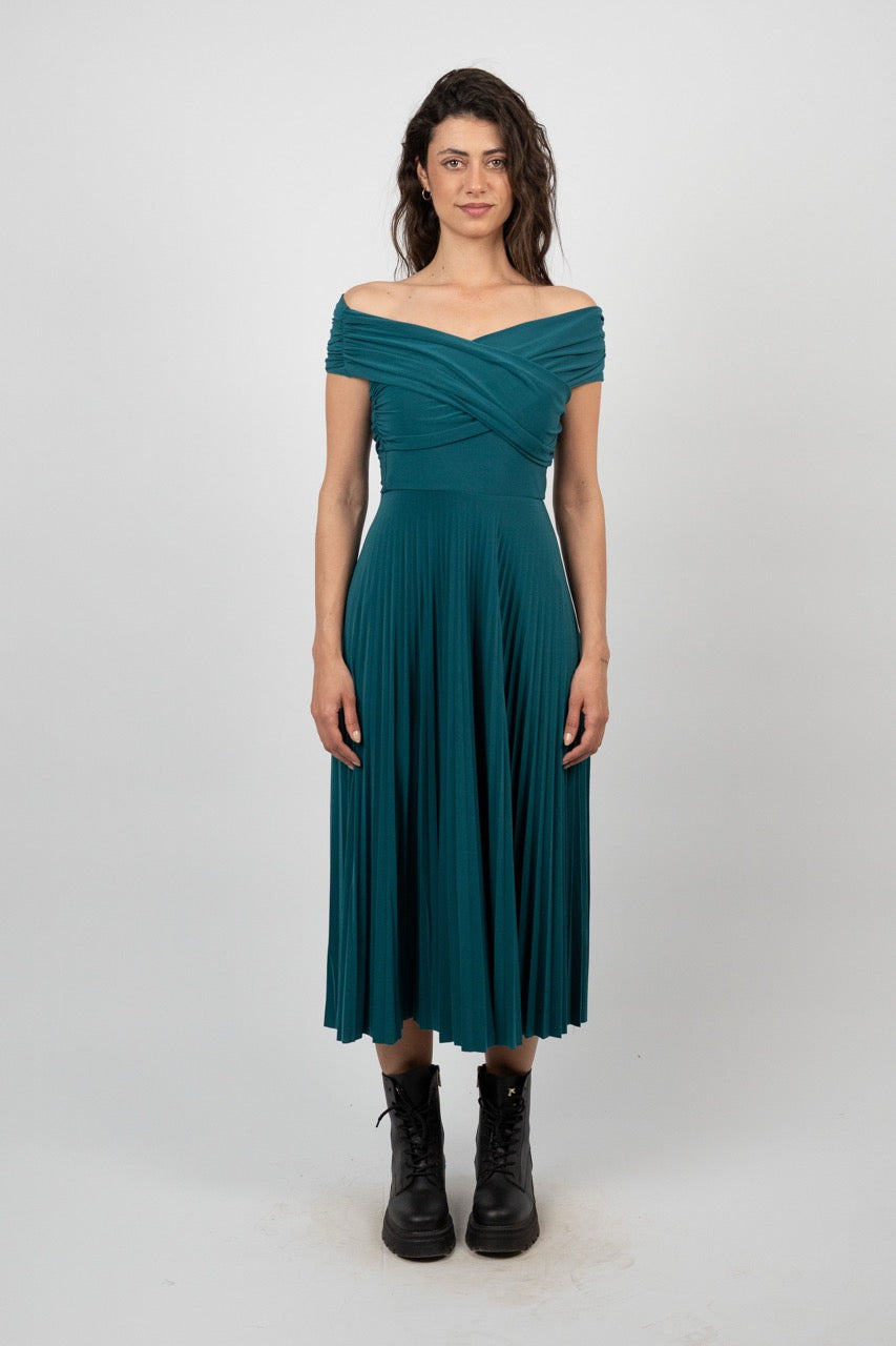 OFF SHOULDER PLEATED MIDI DRESS