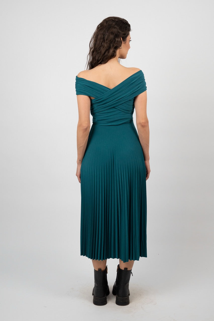 OFF SHOULDER PLEATED MIDI DRESS