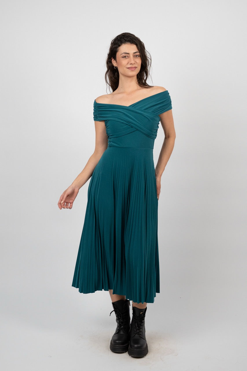 OFF SHOULDER PLEATED MIDI DRESS