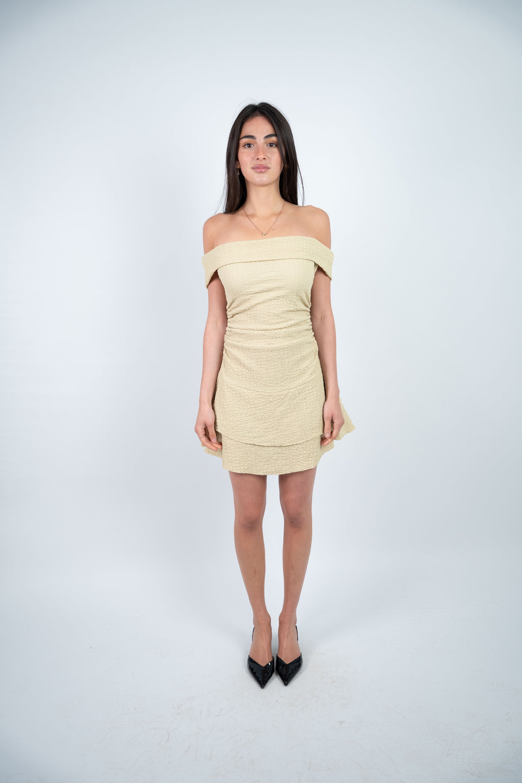 OFF SHOULDER TEXTURED MINI DRESS