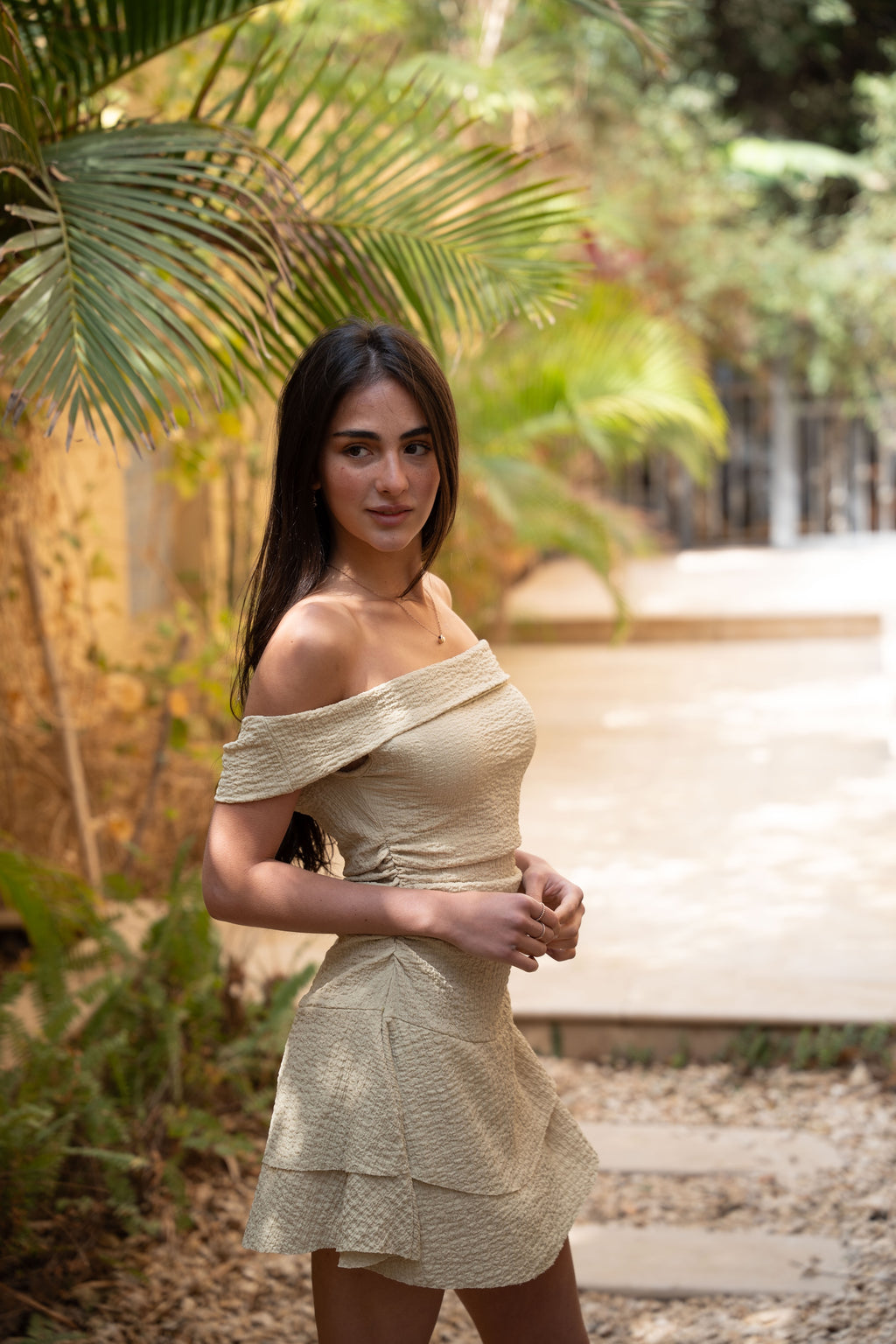 OFF SHOULDER TEXTURED MINI DRESS