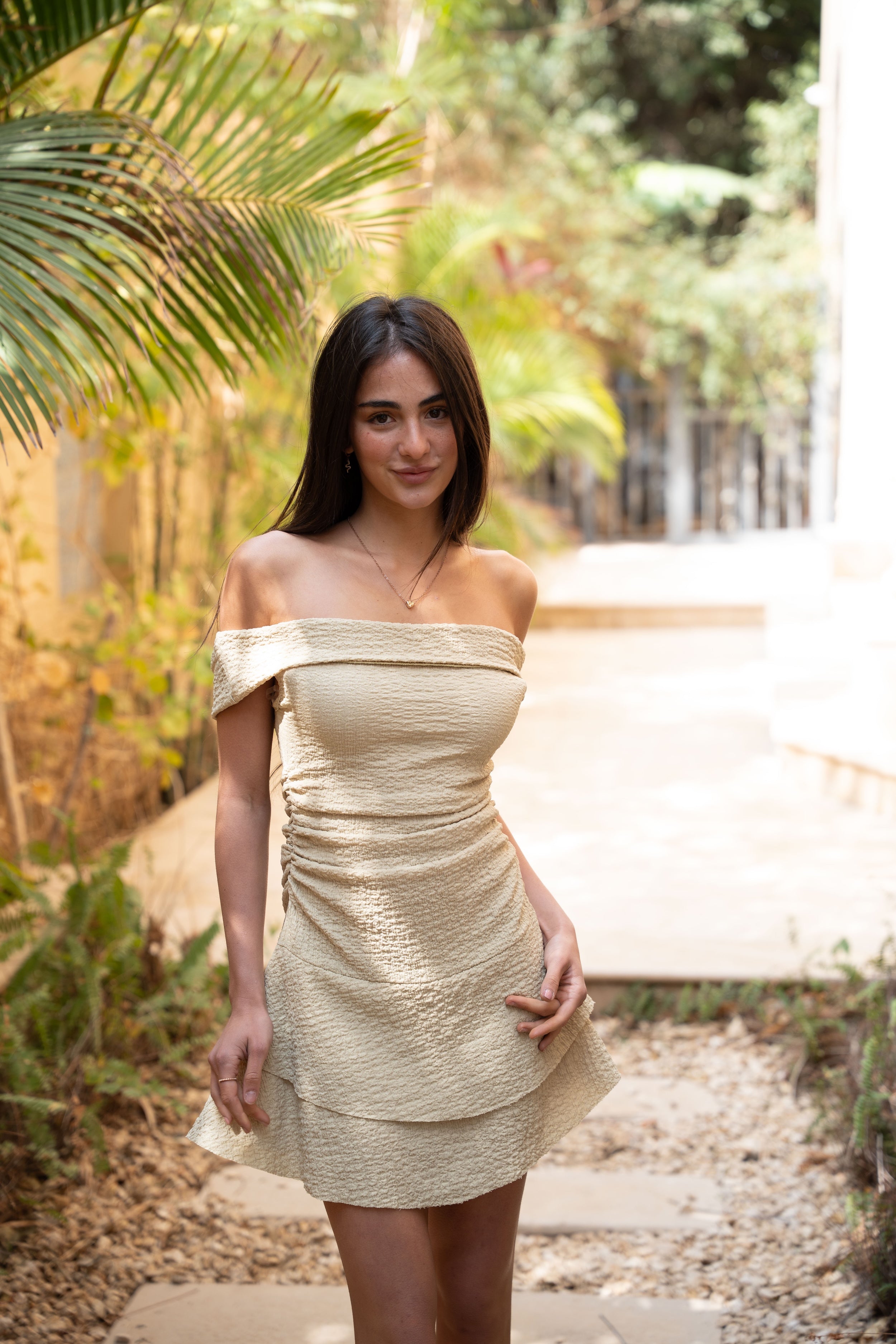 OFF SHOULDER TEXTURED MINI DRESS