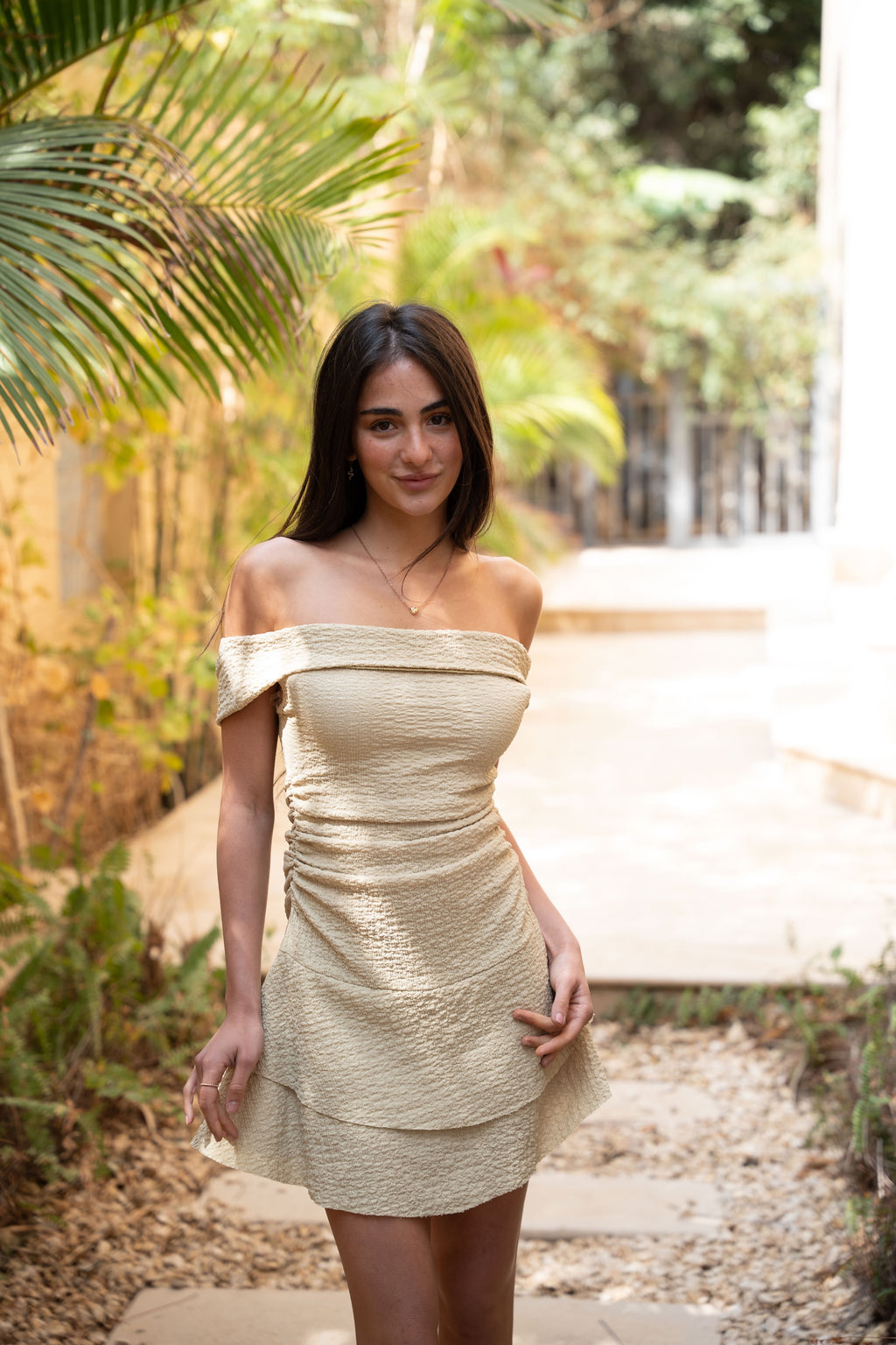 OFF SHOULDER TEXTURED MINI DRESS