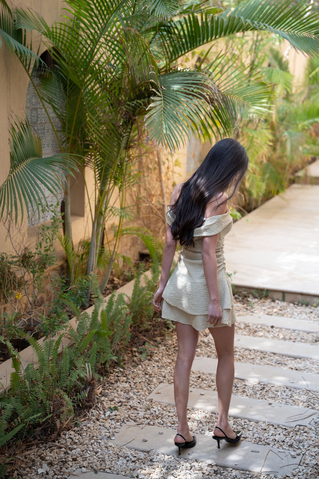 OFF SHOULDER TEXTURED MINI DRESS