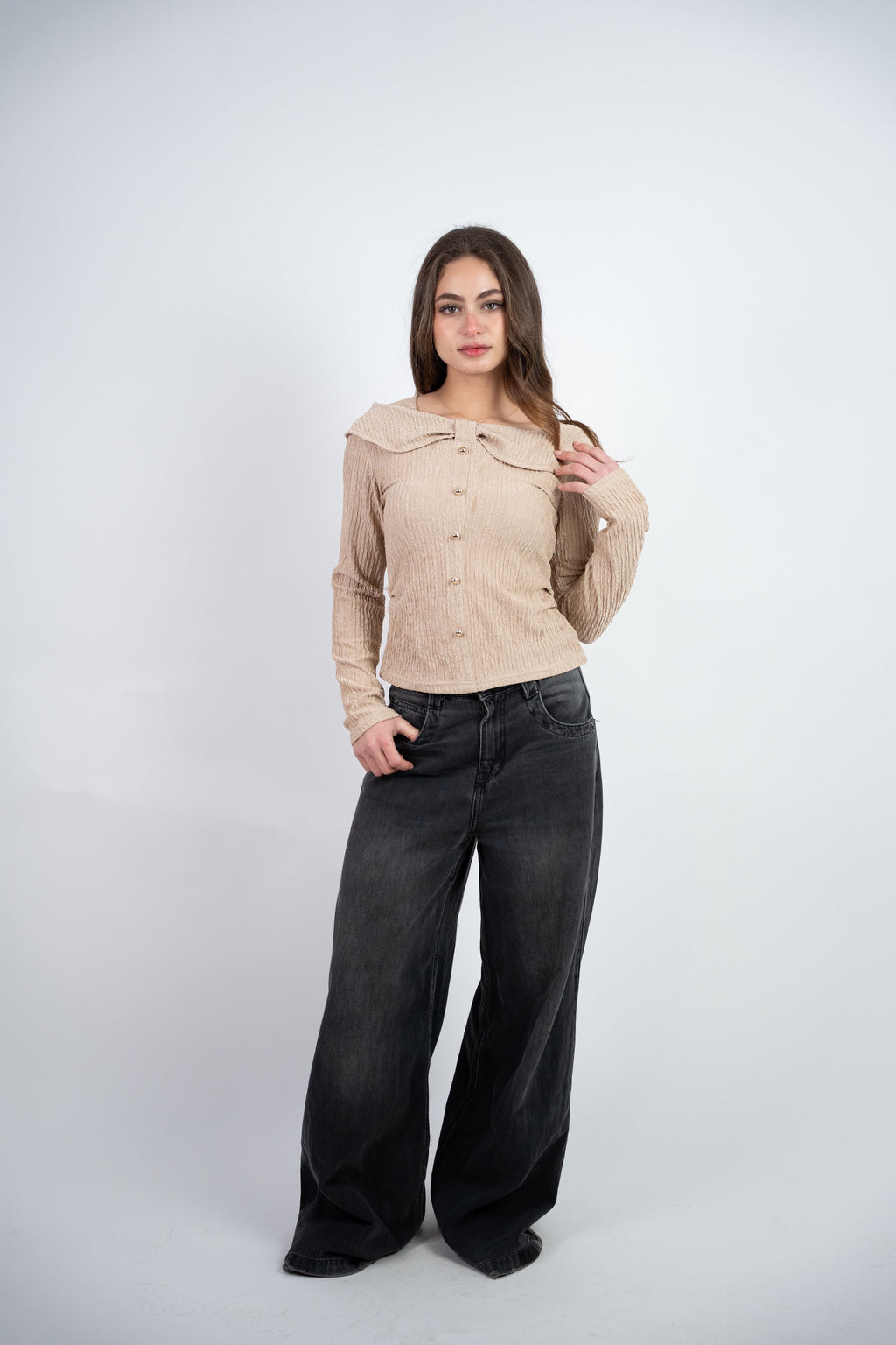 OFF SHOULDER TEXTURED BLOUSE