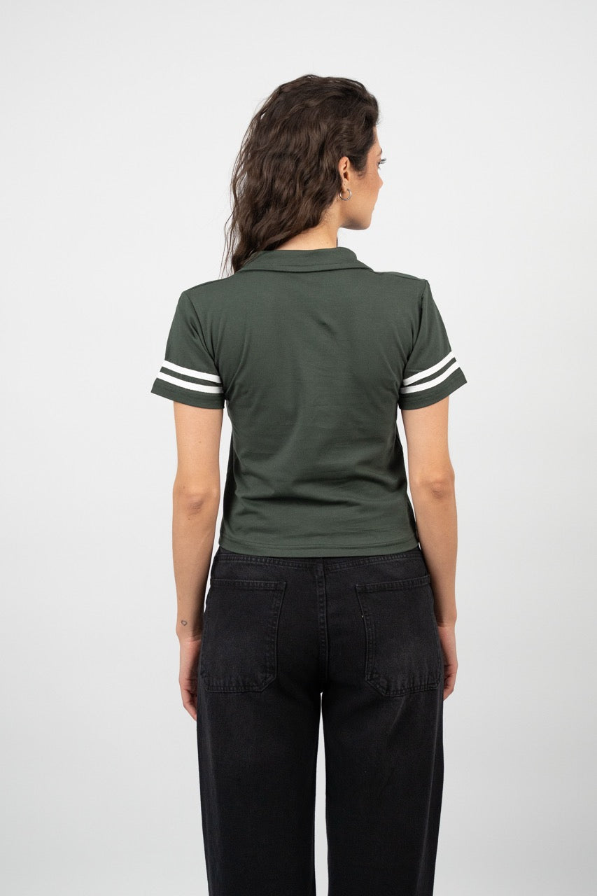 STRIPED SLEEVE POLO CROP TEE