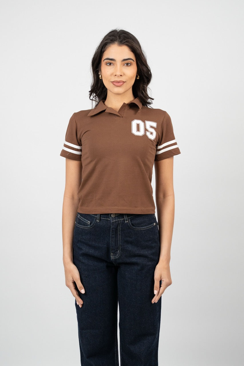 STRIPED SLEEVE POLO CROP TEE