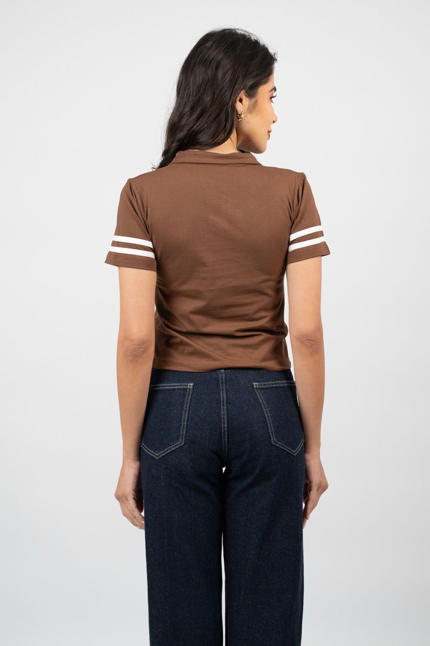 STRIPED SLEEVE POLO CROP TEE