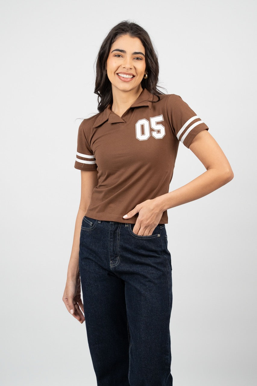 STRIPED SLEEVE POLO CROP TEE