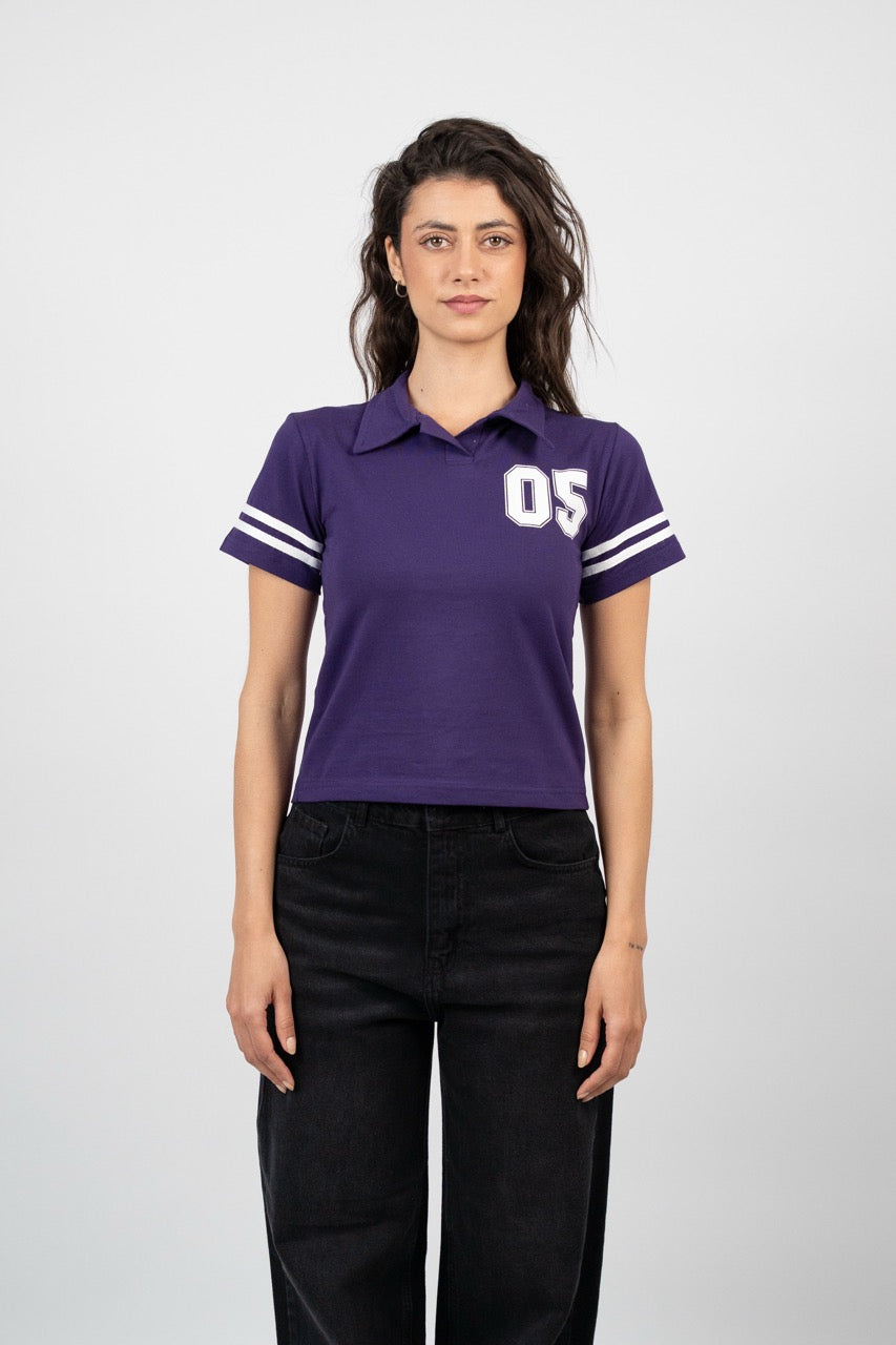 STRIPED SLEEVE POLO CROP TEE