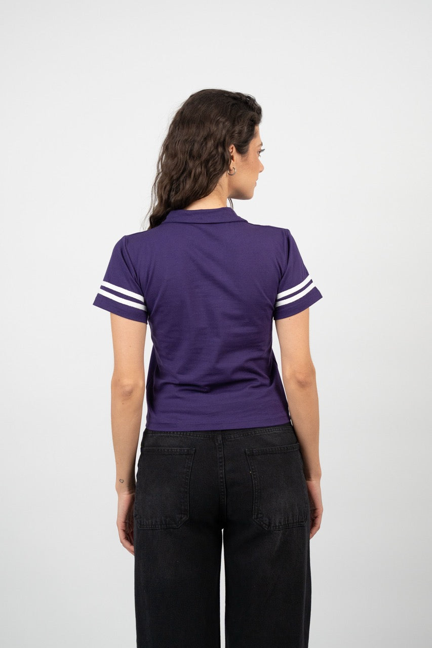 STRIPED SLEEVE POLO CROP TEE