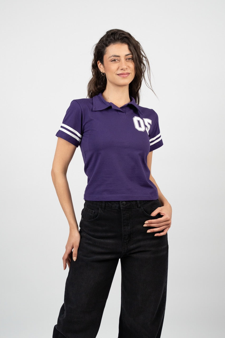 STRIPED SLEEVE POLO CROP TEE