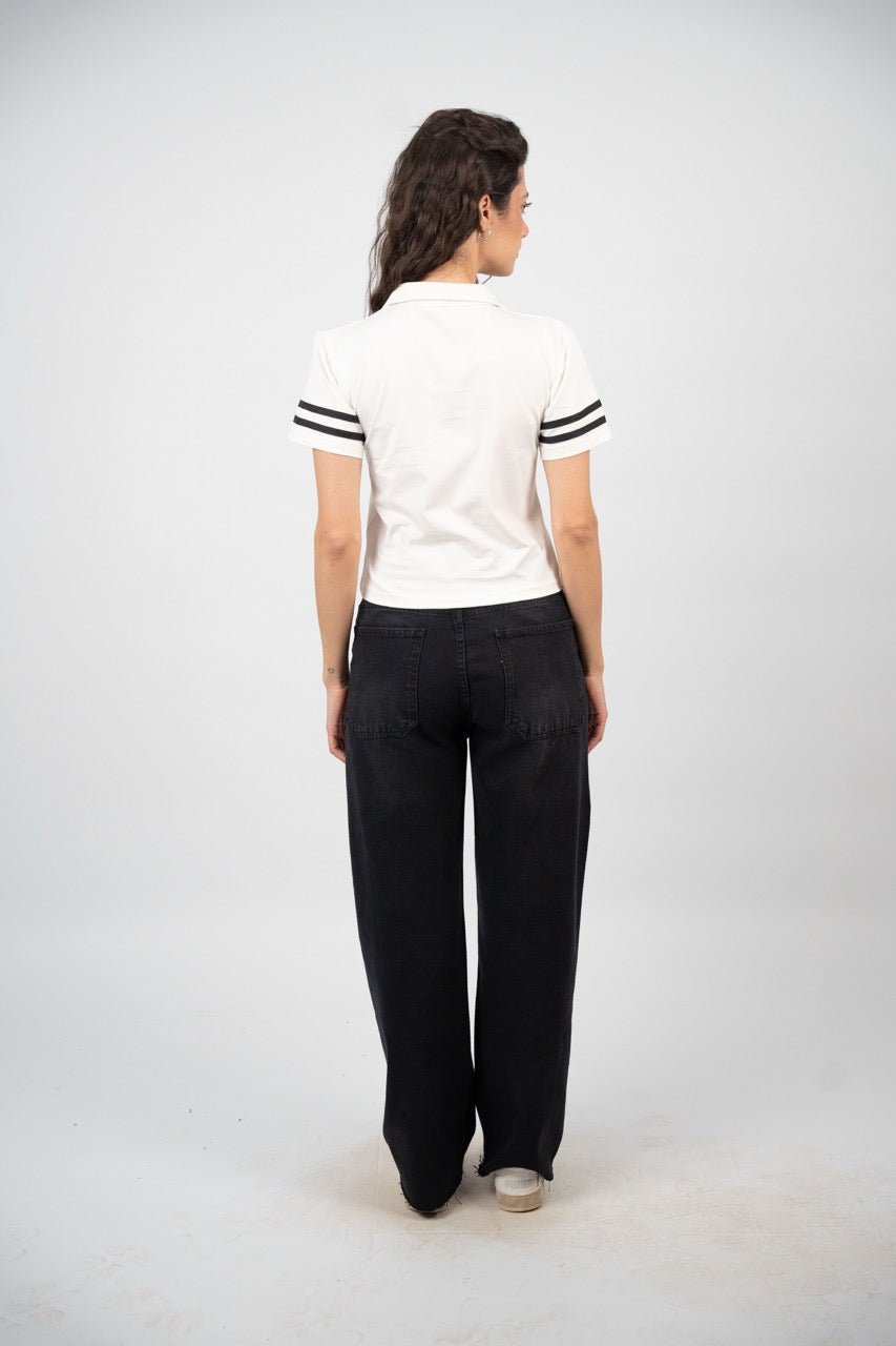 STRIPED SLEEVE POLO CROP TEE