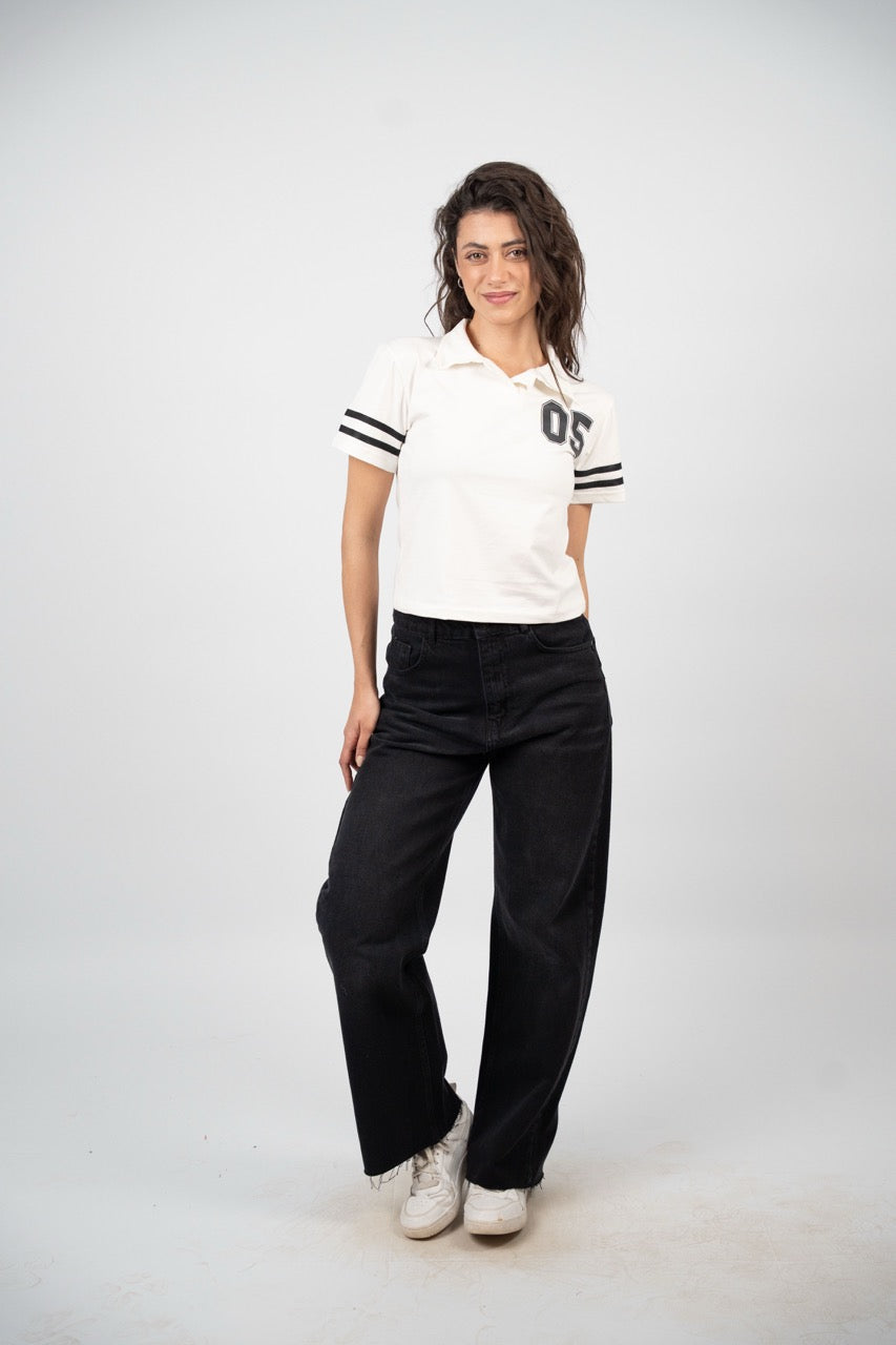 STRIPED SLEEVE POLO CROP TEE