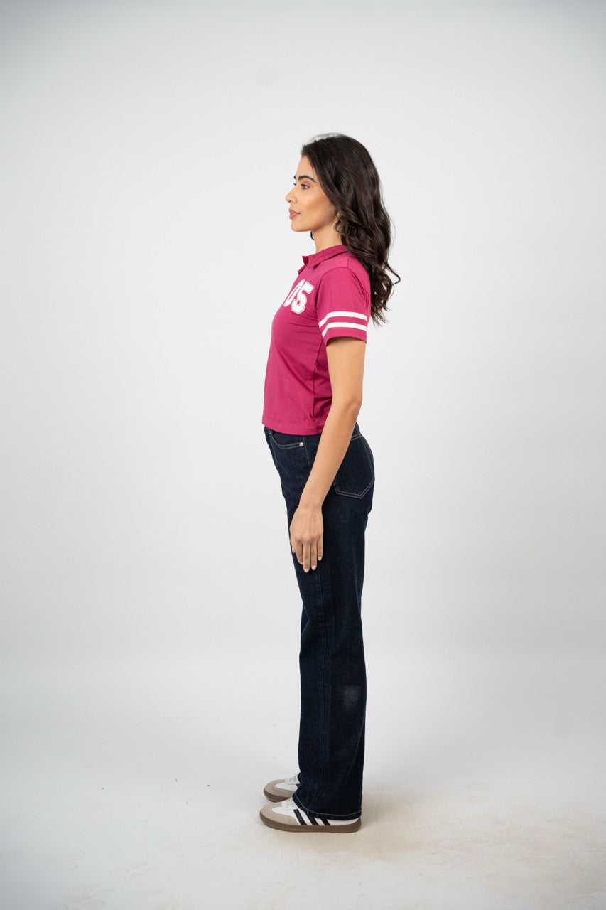 STRIPED SLEEVE POLO CROP TEE