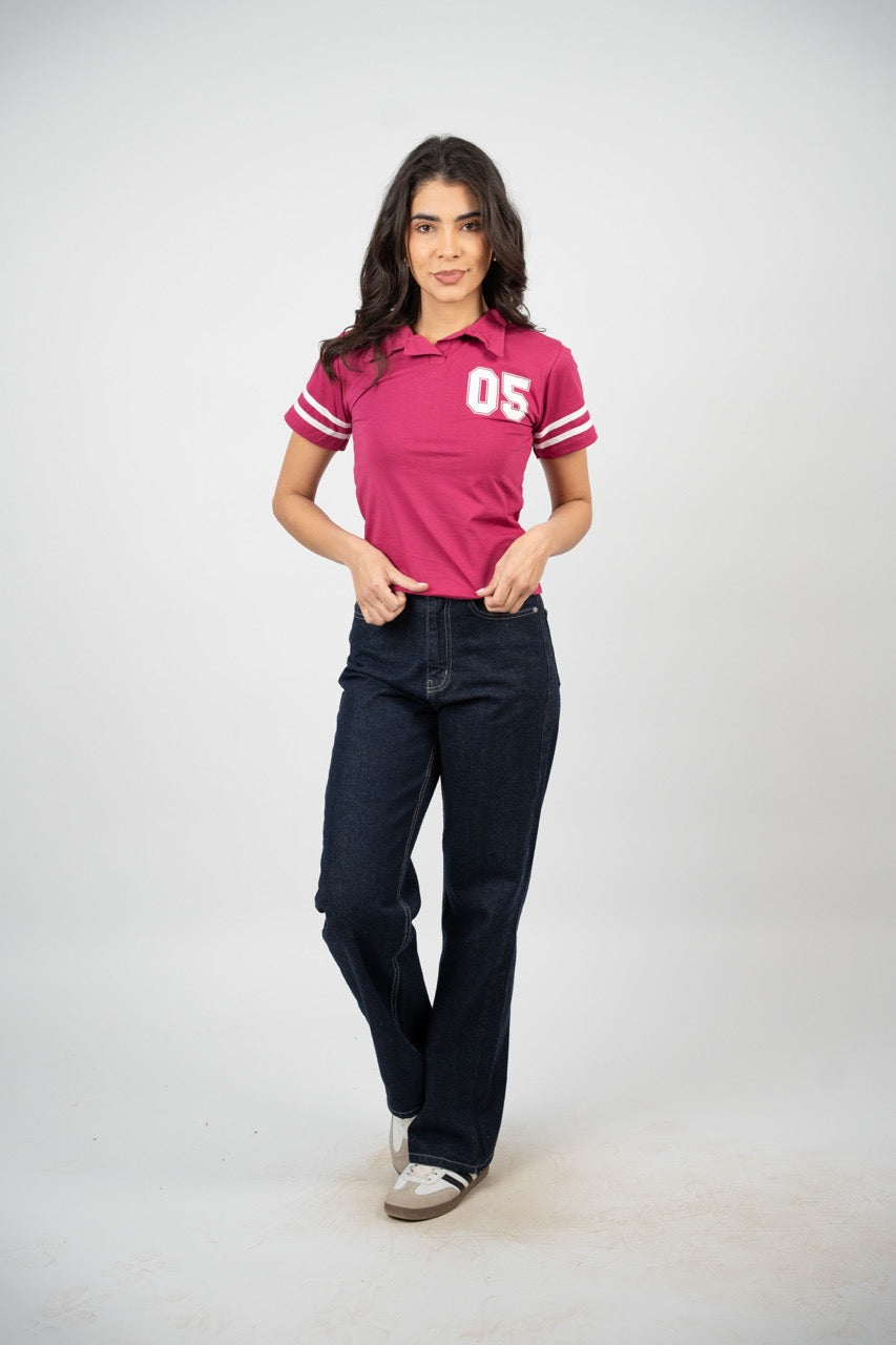 STRIPED SLEEVE POLO CROP TEE