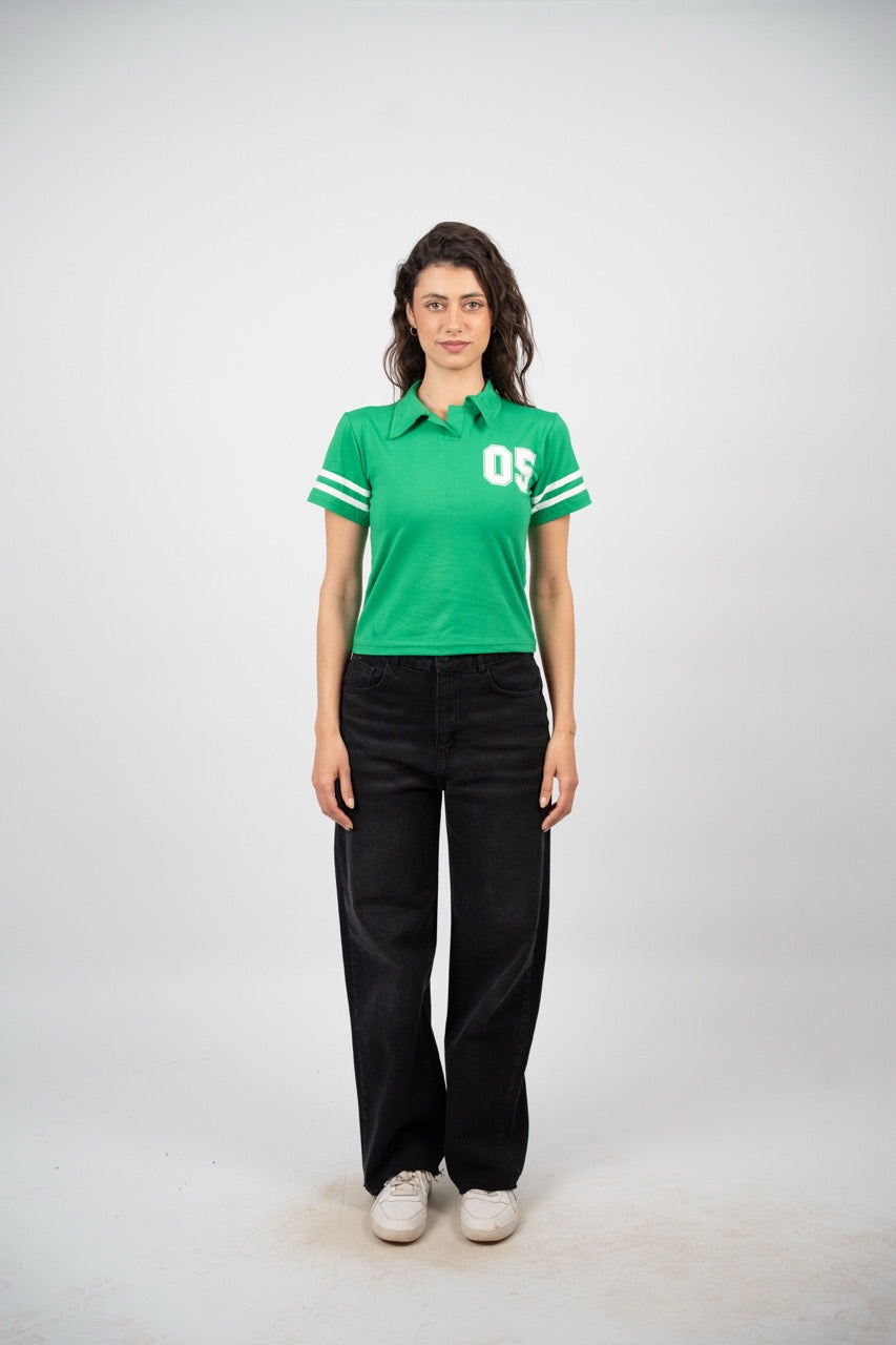 STRIPED SLEEVE POLO CROP TEE