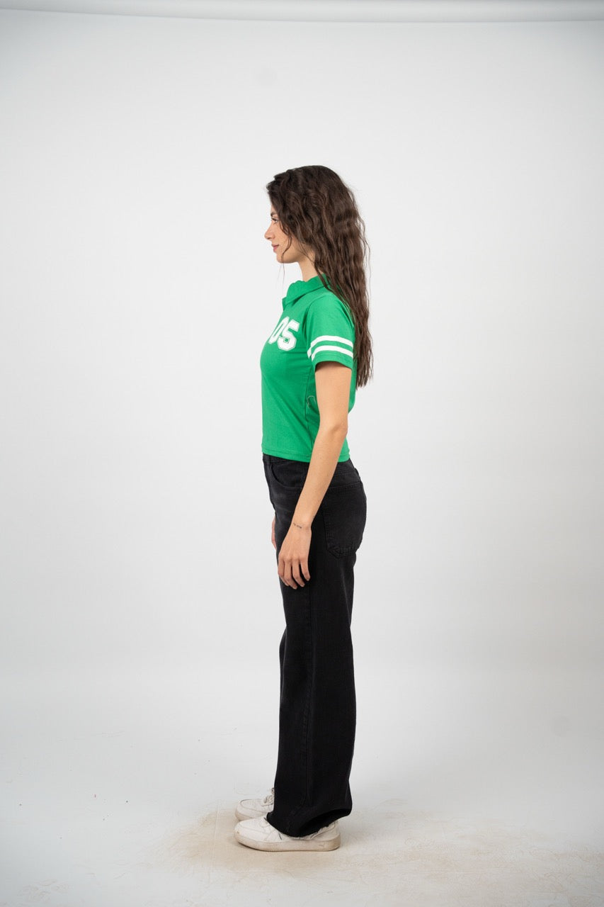 STRIPED SLEEVE POLO CROP TEE