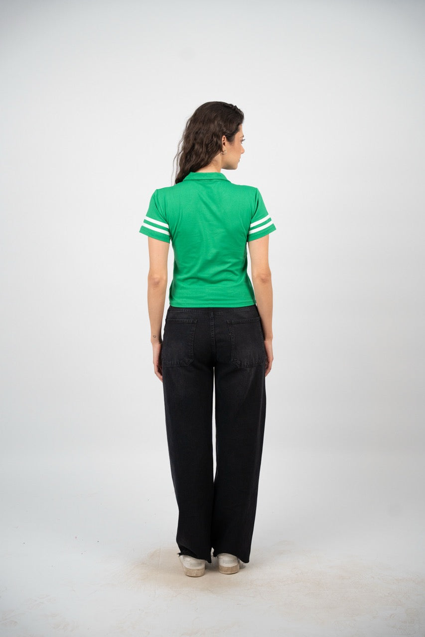 STRIPED SLEEVE POLO CROP TEE
