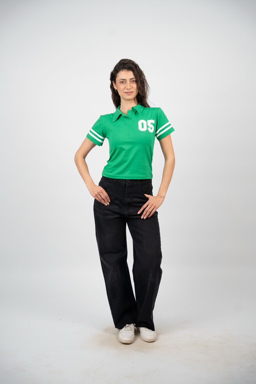 STRIPED SLEEVE POLO CROP TEE